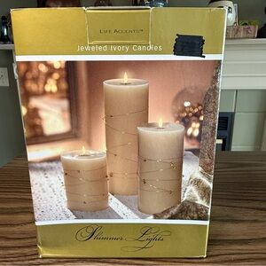 New in Box Ivory Pillar Candles Wrapped In Amber Wire-Set of 3